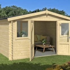 Bestpreis 👍 Gartenhaus DALLAS - Fichte massiv - naturbelassen - 376x292 cm ⌛