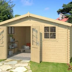 Aktion 🤩 Gartenhaus EBRO C - Fichte massiv - naturbelassen - 390x390 cm 😀