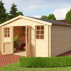 Bestpreis ✔️ Gartenhaus WELS 4 DT - Fichte massiv - naturbelassen - 390x390 cm 🧨