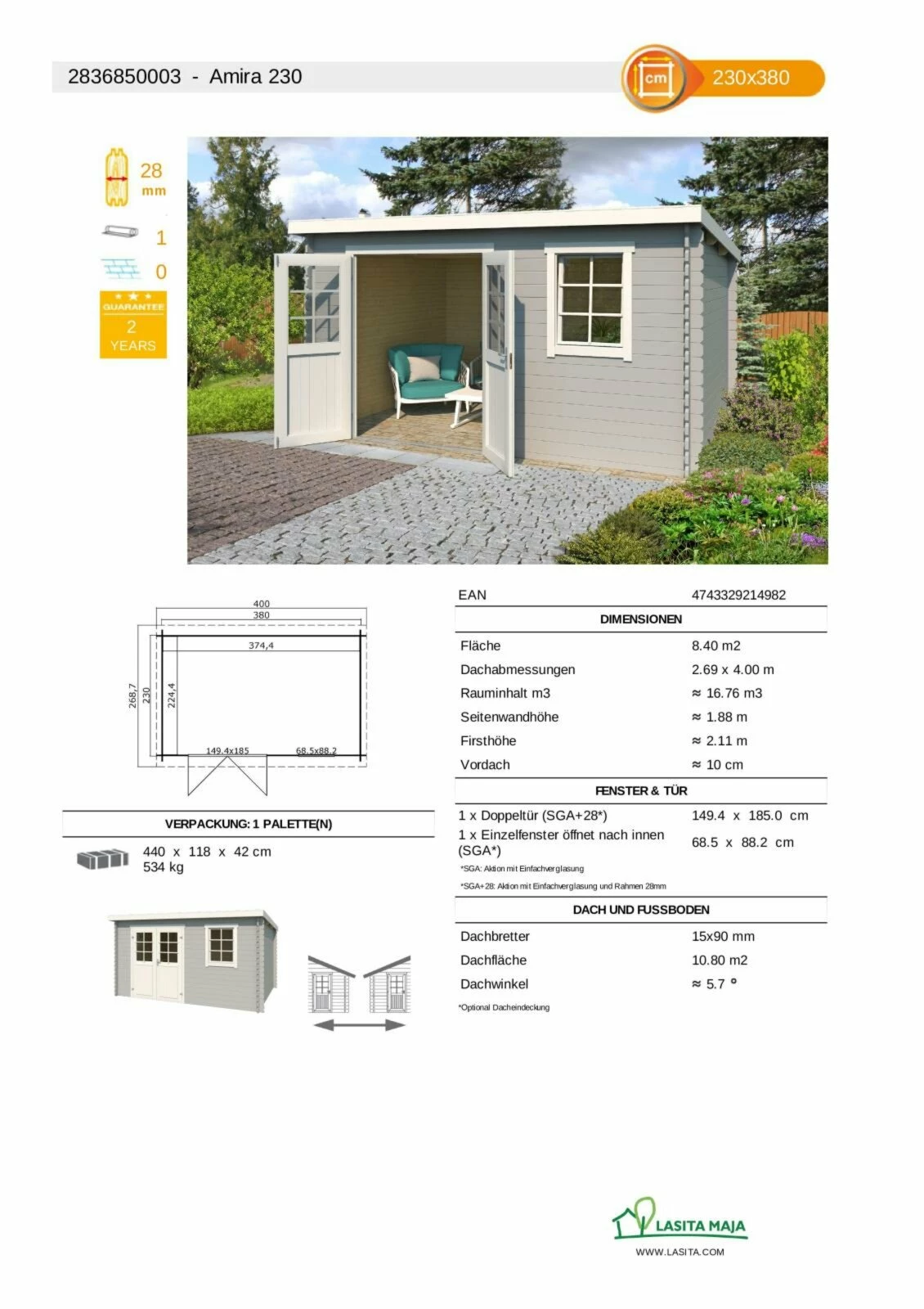 Billig ⌛ Gartenhaus AMIRA - lichtgrau - Fichte massiv - 380x230 cm ⭐ 5 Billig ⌛ Gartenhaus AMIRA - lichtgrau - Fichte massiv - 380x230 cm ⭐ – Bild 3