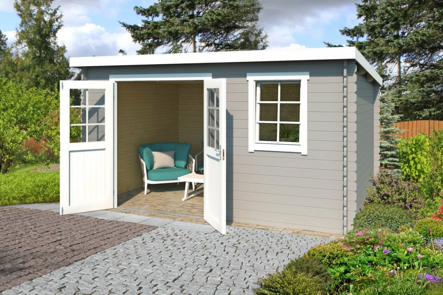 Billig ⌛ Gartenhaus AMIRA - lichtgrau - Fichte massiv - 380x230 cm ⭐ 3 Billig ⌛ Gartenhaus AMIRA - lichtgrau - Fichte massiv - 380x230 cm ⭐