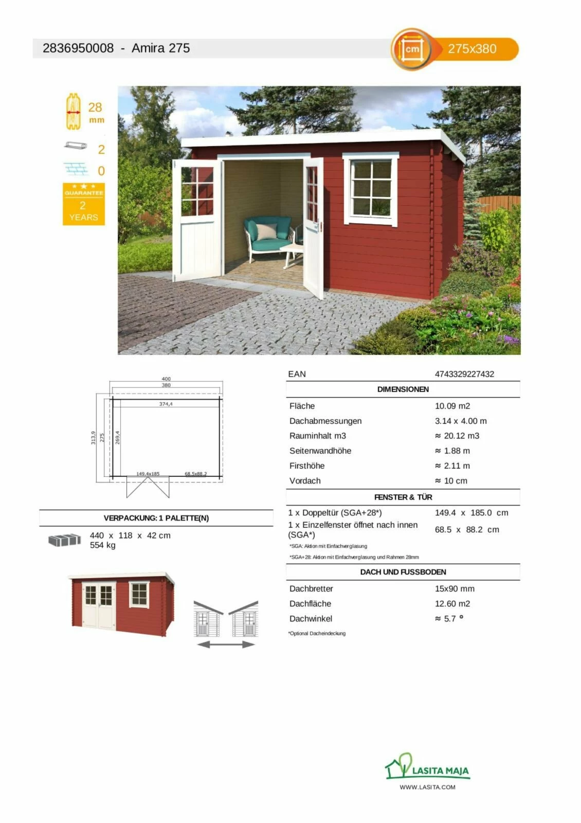 Bestes Angebot 🧨 Gartenhaus AMIRA - schwedenrot - Fichte massiv - 380x275 cm ⌛ 5 Bestes Angebot 🧨 Gartenhaus AMIRA - schwedenrot - Fichte massiv - 380x275 cm ⌛ – Bild 3