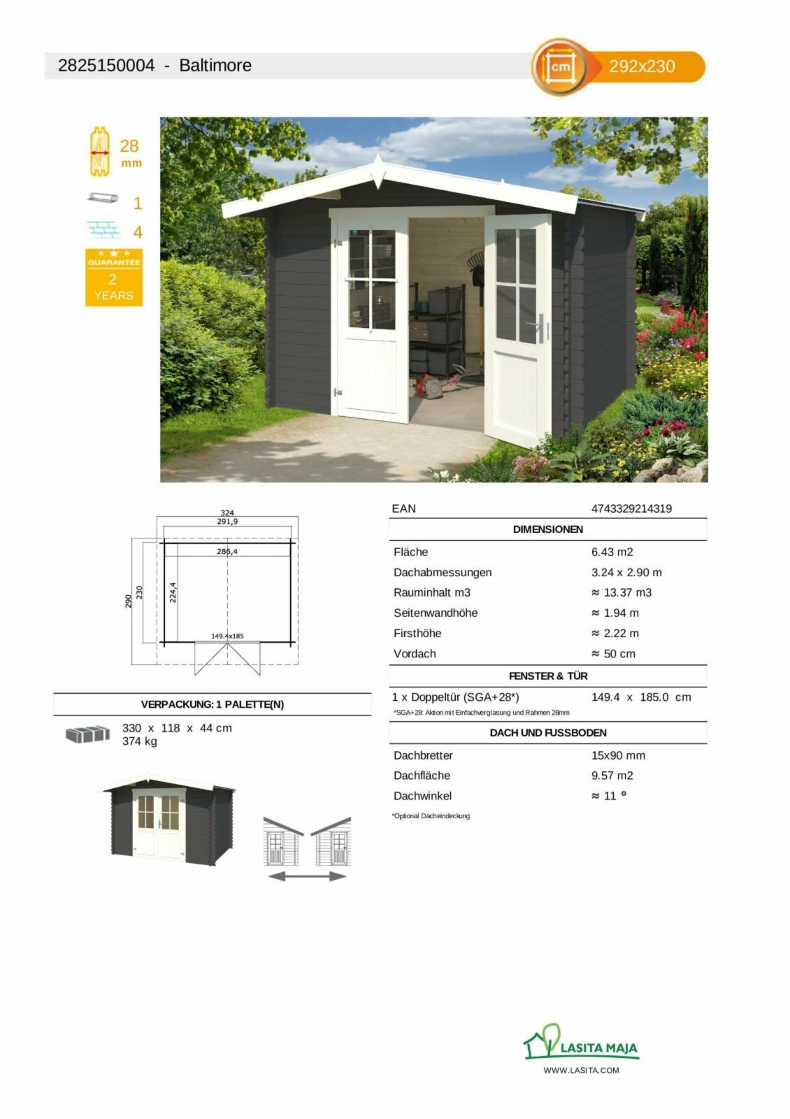 Bestpreis ❤️ Gartenhaus BALTIMORE - carbongrau - Fichte massiv - 292x230 cm 😍 5 Bestpreis ❤️ Gartenhaus BALTIMORE - carbongrau - Fichte massiv - 292x230 cm 😍 – Bild 3