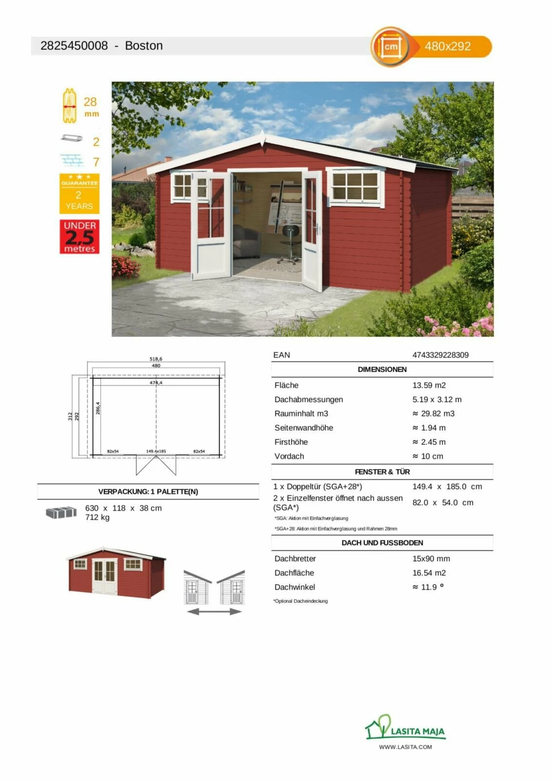 Schlussverkauf ❤️ Gartenhaus BOSTON - schwedenrot - Fichte massiv - 480x292 cm 🎁 5 Schlussverkauf ❤️ Gartenhaus BOSTON - schwedenrot - Fichte massiv - 480x292 cm 🎁 – Bild 3