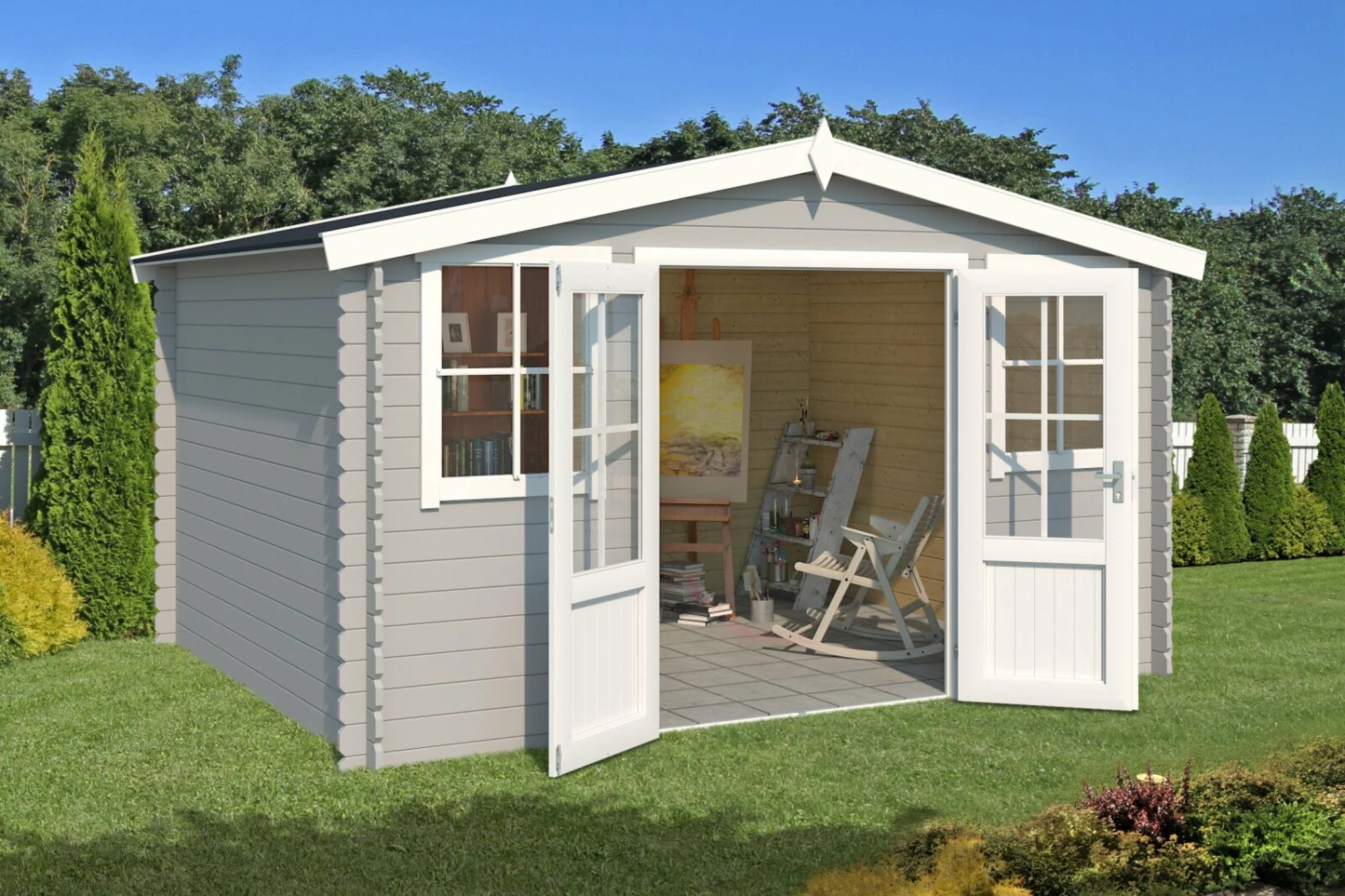 Großhandel 🤩 Gartenhaus DALLAS - lichtgrau - Fichte massiv - 376x292 cm 👏 3 Großhandel 🤩 Gartenhaus DALLAS - lichtgrau - Fichte massiv - 376x292 cm 👏