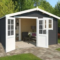 Beste Bewertungen von 🎁 Gartenhaus EBRO B - carbongrau - Fichte massiv - 360x300 cm ⭐