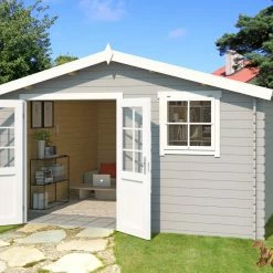 Am billigsten 🤩 Gartenhaus EBRO C - lichtgrau - Fichte massiv - 390x390 cm 🧨