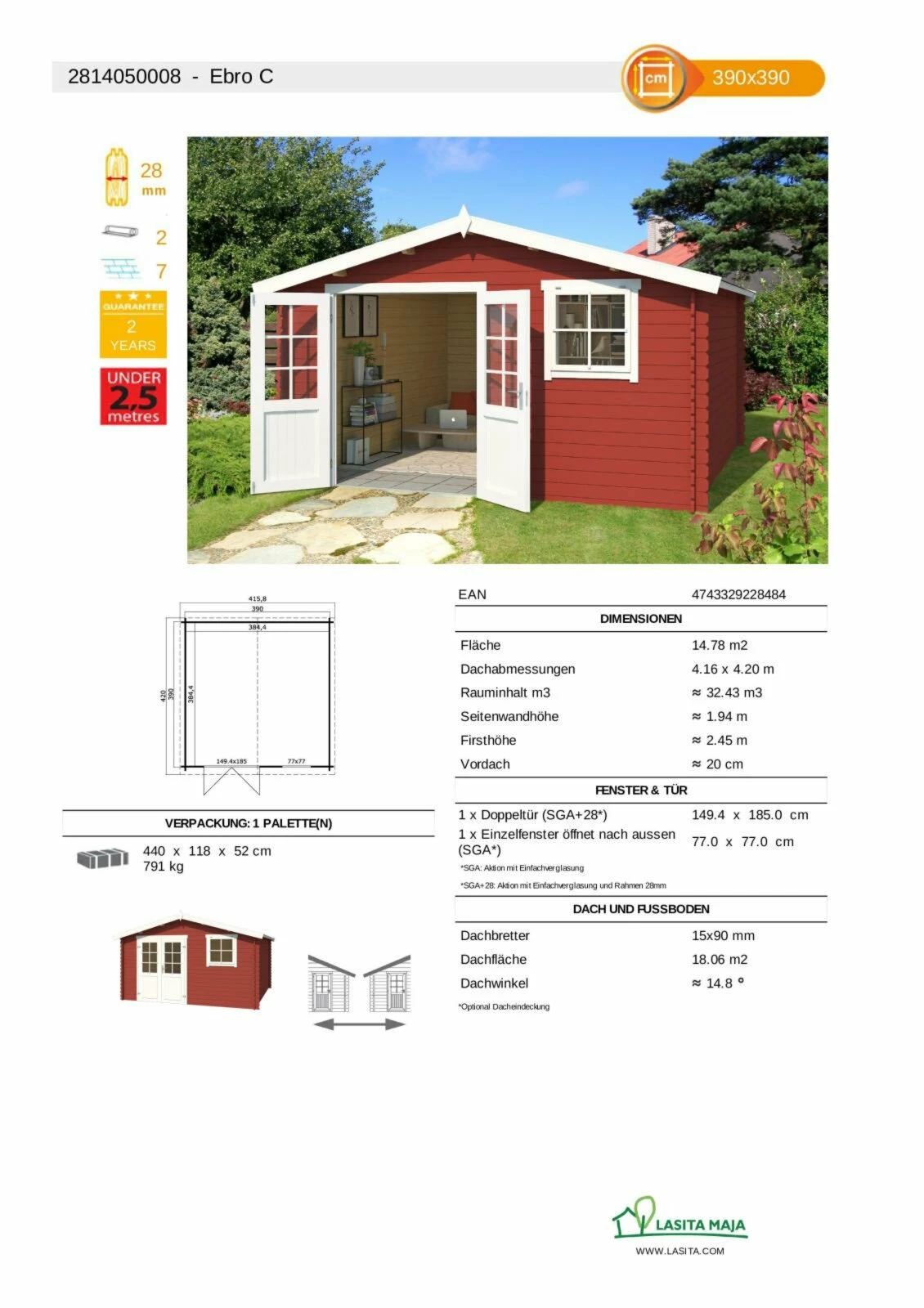 Großhandel ⌛ Gartenhaus EBRO C - schwedenrot - Fichte massiv - 390x390 cm 😀 5 Großhandel ⌛ Gartenhaus EBRO C - schwedenrot - Fichte massiv - 390x390 cm 😀 – Bild 3
