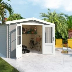 Blitzangebot 🌟 Gartenhaus HOUSTON - lichtgrau - Fichte massiv - 292x292 cm 🔔