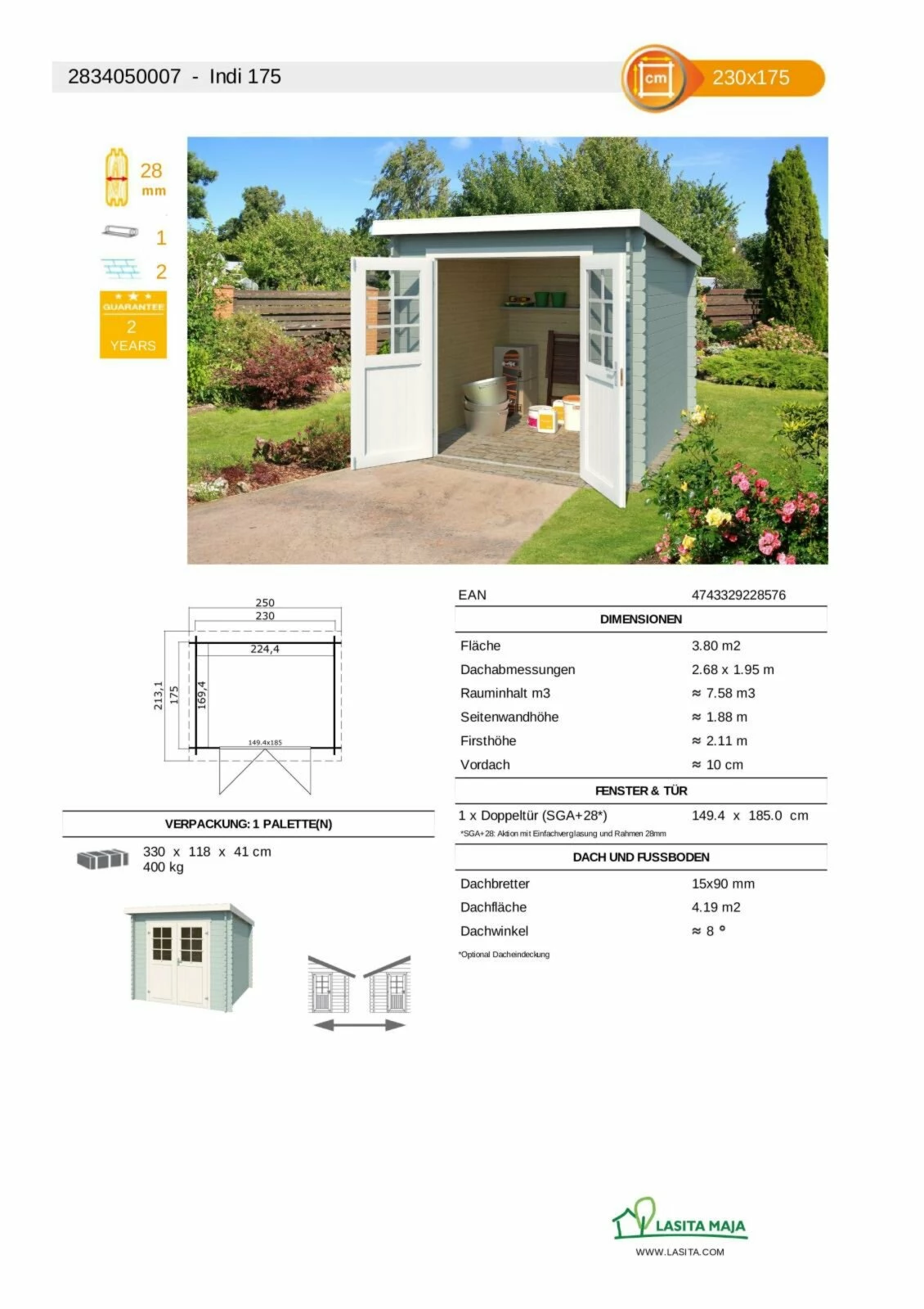 Rabatt ✨ Gartenhaus INDI - gletschergrün - Fichte massiv - 230x175 cm 🔥 5 Rabatt ✨ Gartenhaus INDI - gletschergrün - Fichte massiv - 230x175 cm 🔥 – Bild 3
