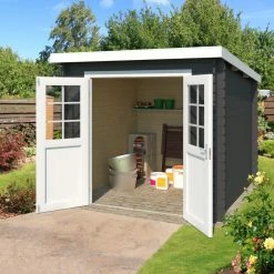 Angebote 🤩 Gartenhaus INDI - carbongrau - Fichte massiv - 230x230 cm 😉