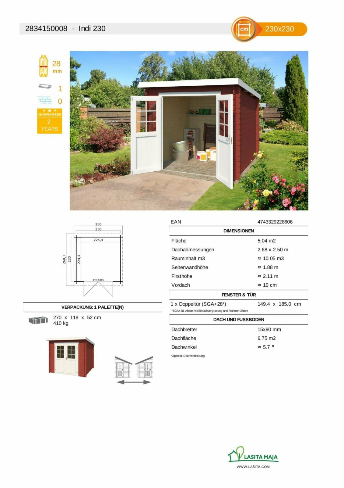 Schlussverkauf 🤩 Gartenhaus INDI - schwedenrot - Fichte massiv - 230x230 cm 👍 5 Schlussverkauf 🤩 Gartenhaus INDI - schwedenrot - Fichte massiv - 230x230 cm 👍 – Bild 3