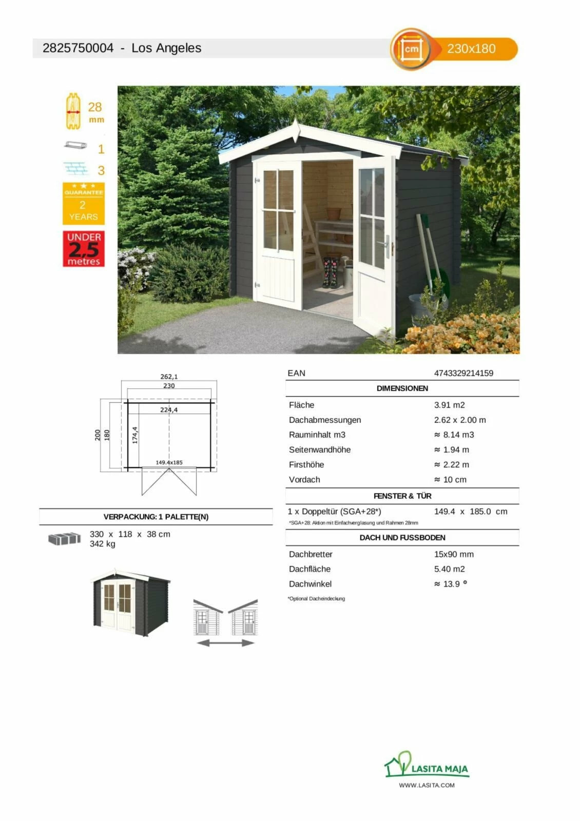 Bestes Angebot ✨ Gartenhaus LOS ANGELES - carbongrau - Fichte massiv - 230x180 cm 👍 5 Bestes Angebot ✨ Gartenhaus LOS ANGELES - carbongrau - Fichte massiv - 230x180 cm 👍 – Bild 3