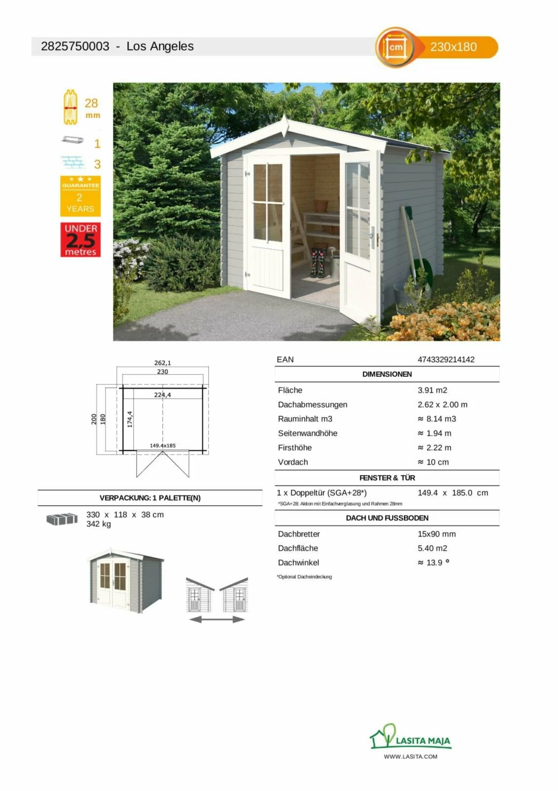 Bestes Angebot 💯 Gartenhaus LOS ANGELES - lichtgrau - Fichte massiv - 230x180 cm ⭐ 5 Bestes Angebot 💯 Gartenhaus LOS ANGELES - lichtgrau - Fichte massiv - 230x180 cm ⭐ – Bild 3