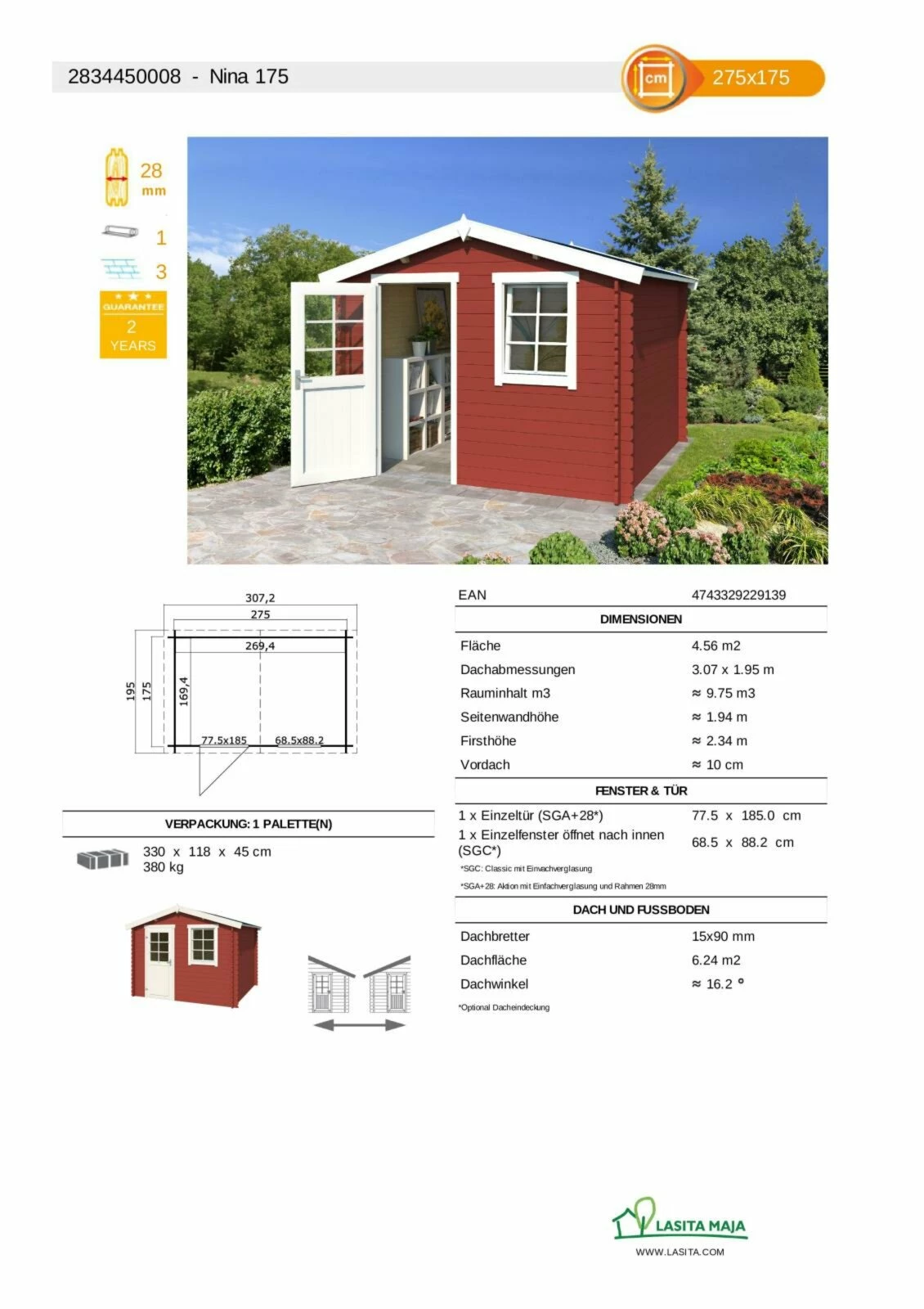 Aktion 👍 Gartenhaus NINA - schwedenrot - Fichte massiv - 275x175 cm 🎉 5 Aktion 👍 Gartenhaus NINA - schwedenrot - Fichte massiv - 275x175 cm 🎉 – Bild 3