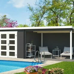 Auslauf 💯 Gartenhaus NOVIA PLUS - carbongrau - Fichte massiv - 600x275 cm 😉