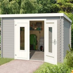 Schlussverkauf 🤩 Gartenhaus SACRAMENTO - lichtgrau - Fichte massiv - 292x292 cm 🌟