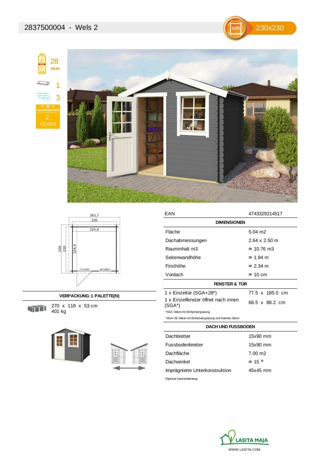 Budget ✔️ Gartenhaus WELS 2 - carbongrau - Fichte massiv - 230x230 cm ❤️ 5 Budget ✔️ Gartenhaus WELS 2 - carbongrau - Fichte massiv - 230x230 cm ❤️ – Bild 3