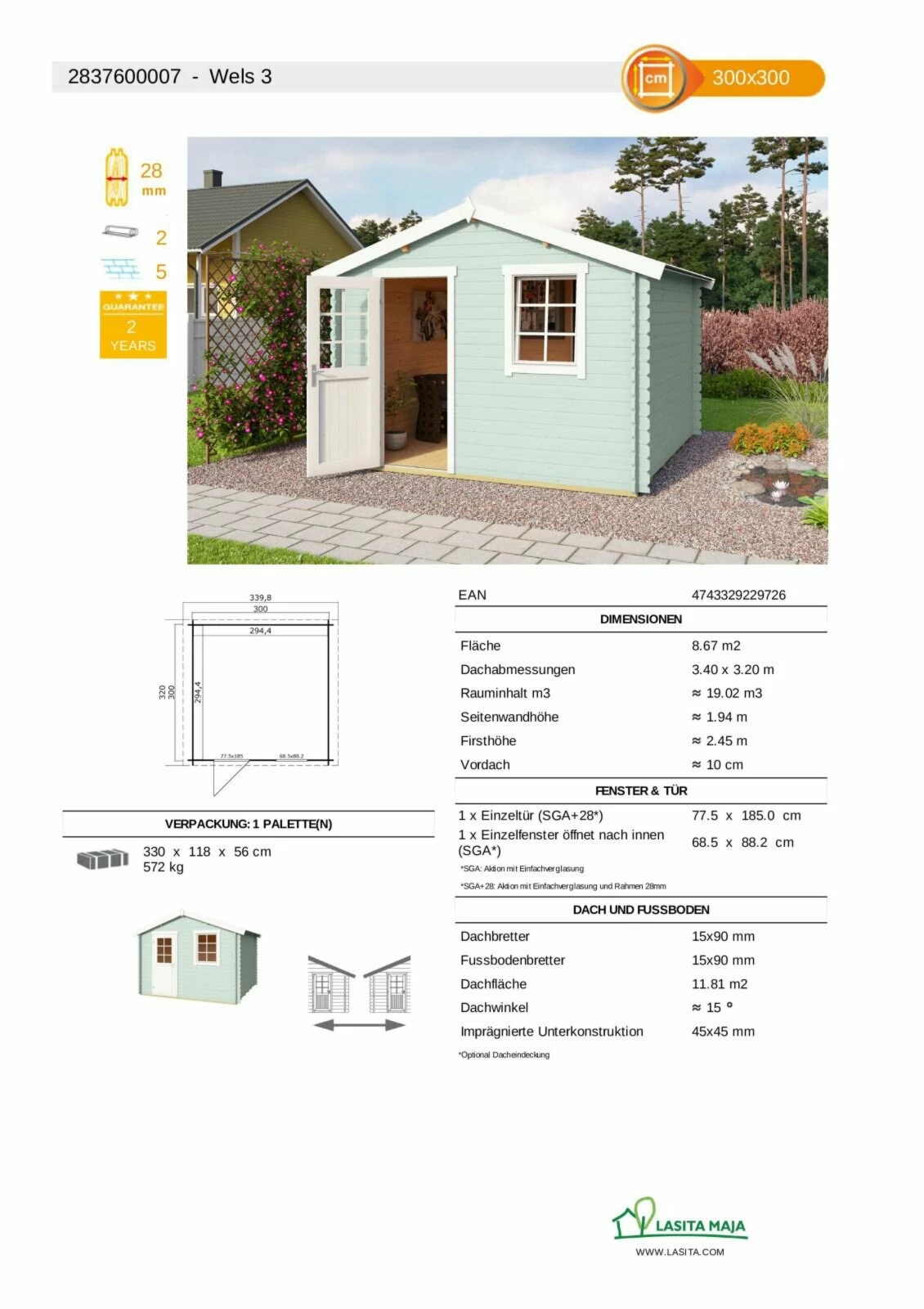 Blitzangebot 👏 Gartenhaus WELS 3 - gletschergrün - Fichte massiv - 300x300 cm ⭐ 5 Blitzangebot 👏 Gartenhaus WELS 3 - gletschergrün - Fichte massiv - 300x300 cm ⭐ – Bild 3