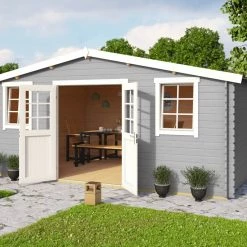 Auslauf 🛒 Gartenhaus WELS 5 - lichtgrau - Fichte massiv - 510x400 cm 👏