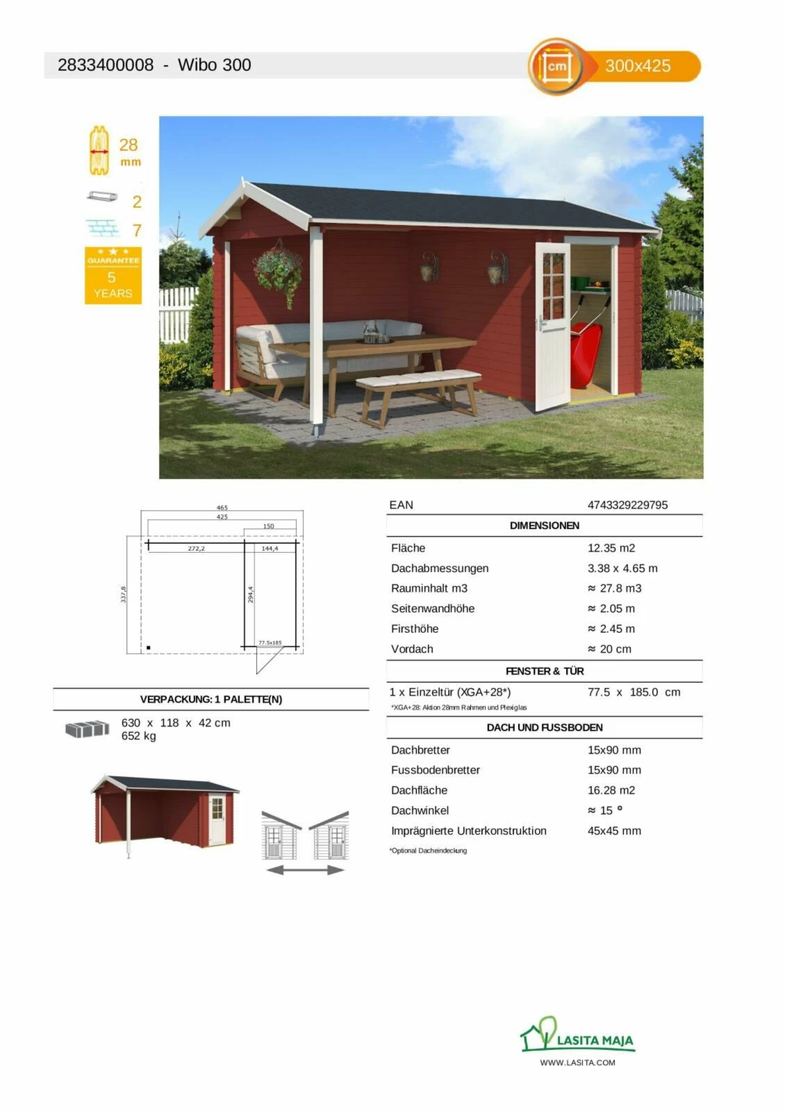 Großhandel 😍 Gartenhaus WIBO - schwedenrot - Fichte massiv - 425/144x300 cm 😀 5 Großhandel 😍 Gartenhaus WIBO - schwedenrot - Fichte massiv - 425/144x300 cm 😀 – Bild 3