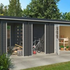 Aktion 👏 Gartenhaus HOKKAIDO 2 - carbongrau - Fichte massiv - 550x250 cm 🛒