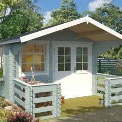 Am billigsten ⭐ Gartenhaus LOLA 2 - gletschergrün - mit Terrasse und Geländer - 300x300 cm ⭐