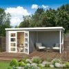 Bestes Angebot 👏 Gartenhaus LONG BEACH - lichtgrau - Fichte massiv - mit Anbau - 472x230 cm 🥰 -Angebote Garten Store 9005111300 1600Wx1600H