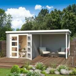 Bestes Angebot 👏 Gartenhaus LONG BEACH - lichtgrau - Fichte massiv - mit Anbau - 472x230 cm 🥰