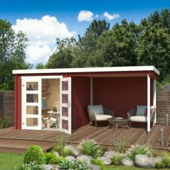 Bester Verkauf ❤️ Gartenhaus LONG BEACH - schwedenrot - mit Anbau - 472x230 cm 😍