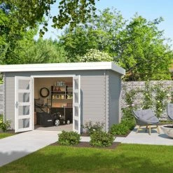 Bestes Angebot 🧨 Gartenhaus NASHVILLE - lichtgrau - Fichte massiv - 380x275 cm 🎉