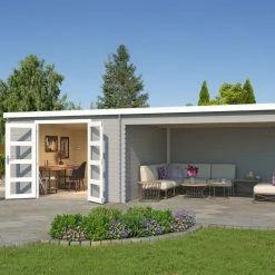 Auslauf ❤️ Gartenhaus NEW ORLEANS - lichtgrau - Fichte massiv - 330x710 cm 🥰