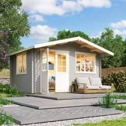 Rabatt ❤️ Gartenhaus NORDERNEY 2 - lichtgrau - Fichte massiv - 390x300 cm 👏