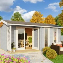 Budget 🤩 Gartenhaus RIVERSIDE - lichtgrau - Fichte massiv - 480x300 cm 👏