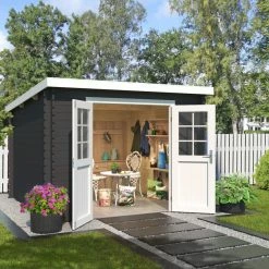 Bestpreis 😀 Gartenhaus SAN JOSE 275 - carbongrau - Fichte massiv - 275x275 cm 👍