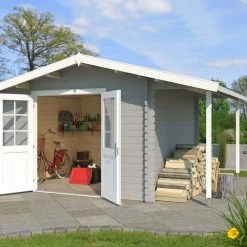 Neu 😀 Gartenhaus TULSA - lichtgrau - Fichte massiv - 292x392 cm 😀