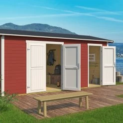 Billig 🤩 Gartenhaus TUVALU XL - schwedenrot - Fichte massiv - 500x300 cm 🤩