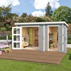 Bester Verkauf 🥰 Gartenhaus ZAMBEZI XL - lichtgrau - Fichte massiv - 380x240 cm 🔔
