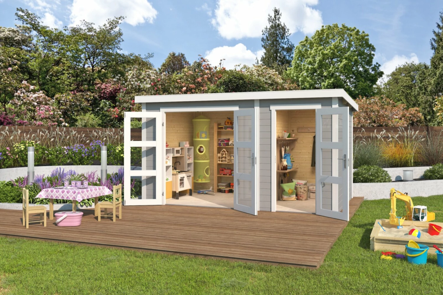 Bester Verkauf 🥰 Gartenhaus ZAMBEZI XL - lichtgrau - Fichte massiv - 380x240 cm 🔔 3 Bester Verkauf 🥰 Gartenhaus ZAMBEZI XL - lichtgrau - Fichte massiv - 380x240 cm 🔔