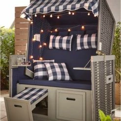 Großhandel 🎁 Strandkorb - Geflecht grau - Stoff blau-weiß - mit LED-Beleuchtung - 116x160 cm 🎉 -Angebote Garten Store 9005264300 04 1600Wx1600H