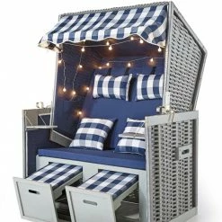 Großhandel 🎁 Strandkorb - Geflecht grau - Stoff blau-weiß - mit LED-Beleuchtung - 116x160 cm 🎉