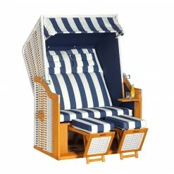 Brandneu 🧨 Strandkorb RUSTIKAL 34 Z - teakfarben - blau-weiß - 125x160 cm ✨